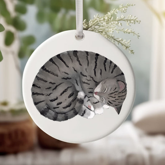 Sleeping Gray Tabby Cat Ceramic Ornament - MerikaArt