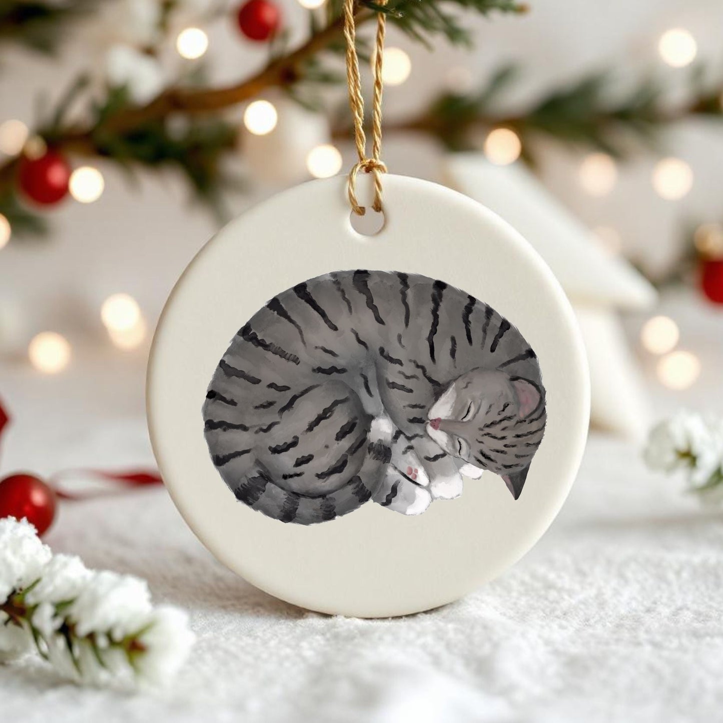 Sleeping Gray Tabby Cat Ceramic Ornament - MerikaArt