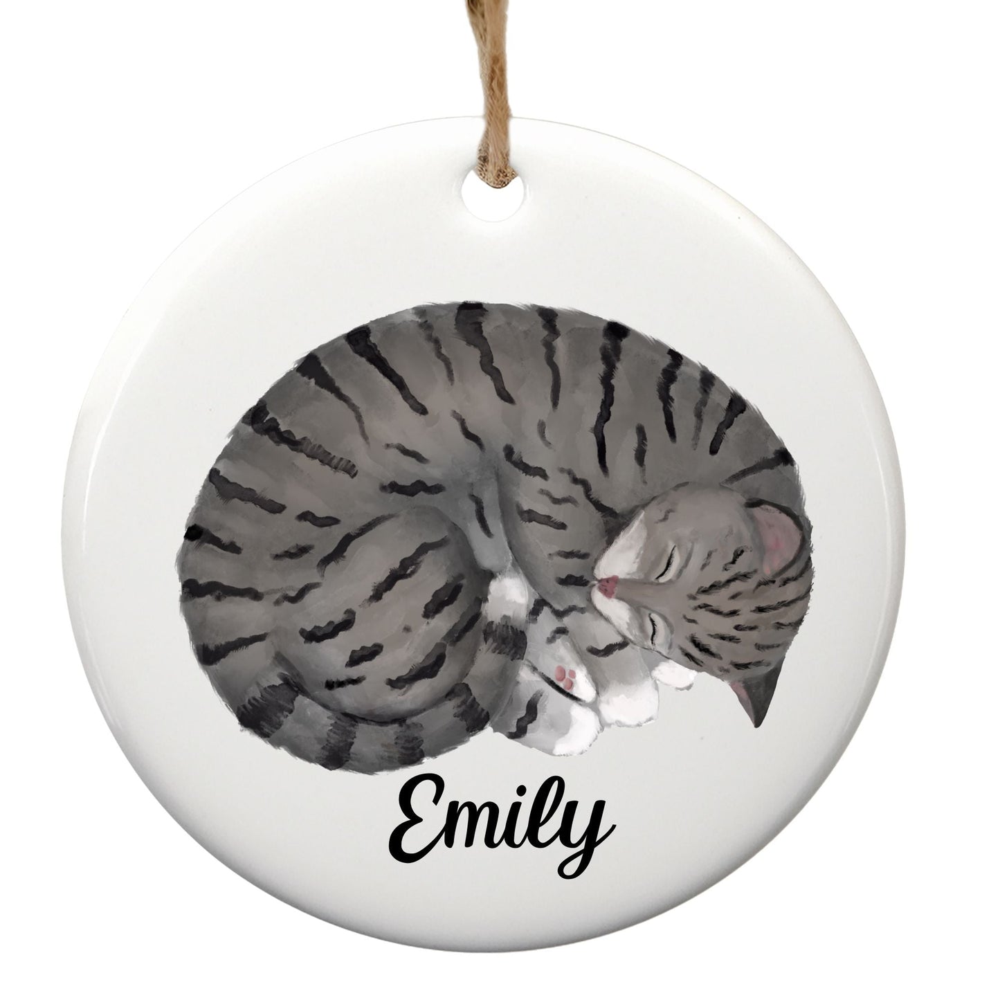 Sleeping Gray Tabby Cat Ceramic Ornament - MerikaArt