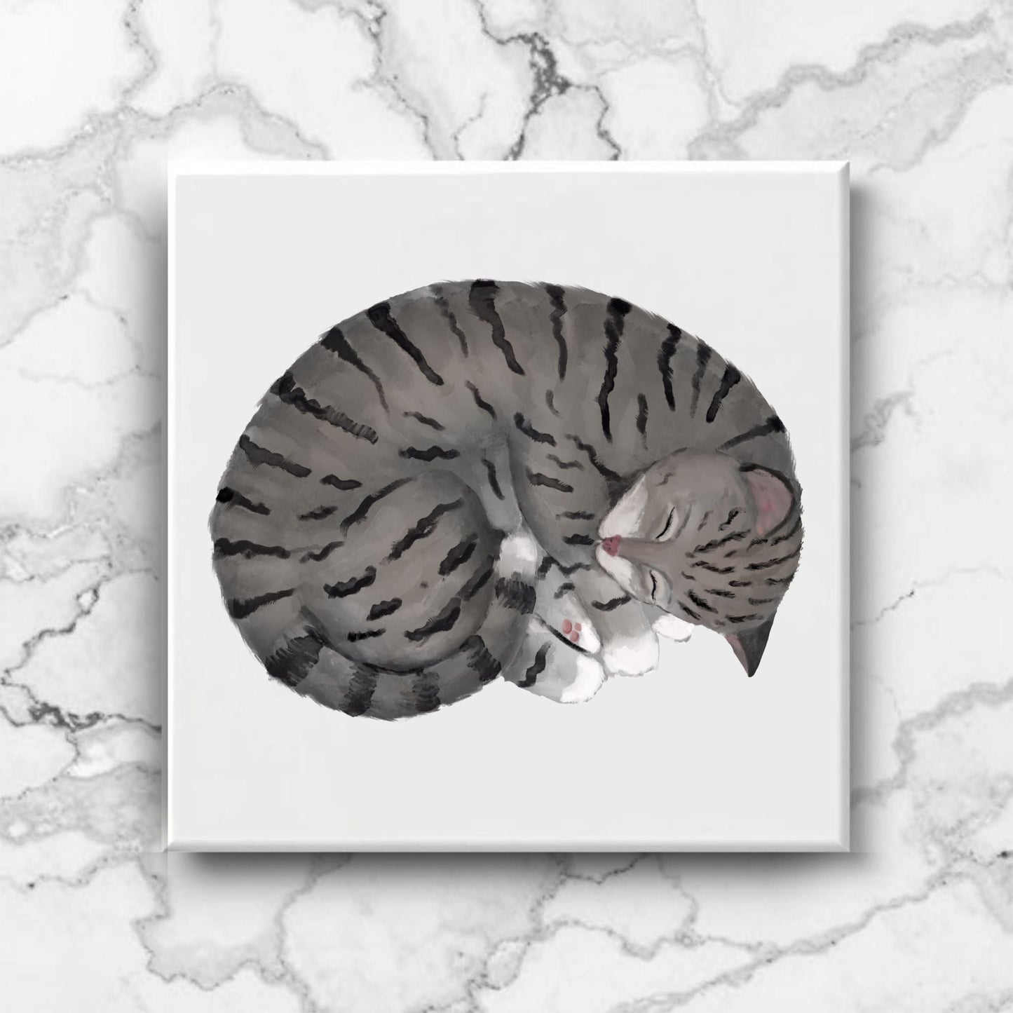Sleeping Gray Tabby Cat Ceramic Tile - MerikaArt
