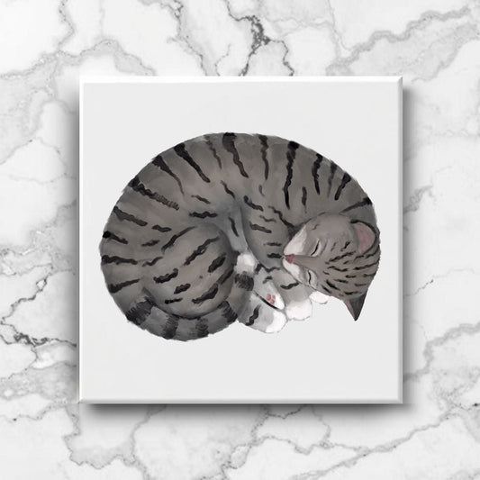 Sleeping Gray Tabby Cat Ceramic Tile - MerikaArt