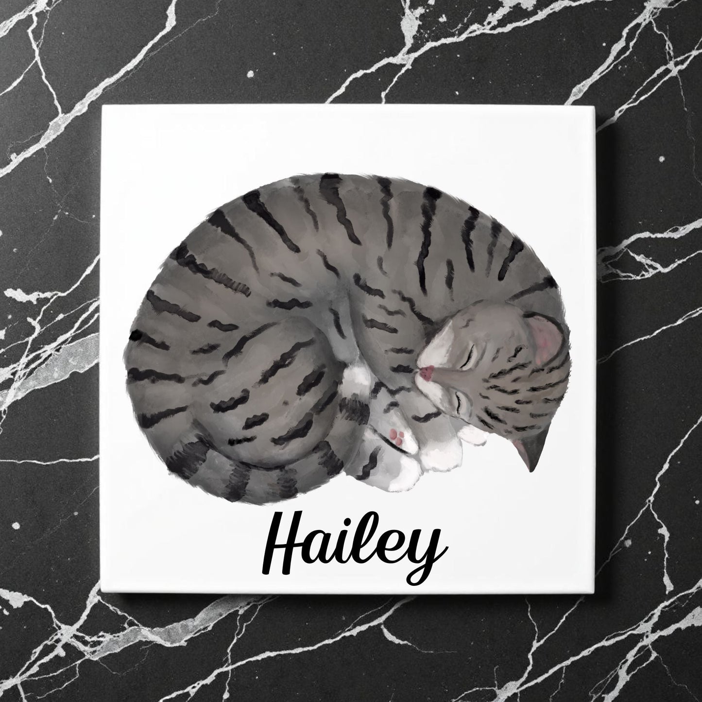 Sleeping Gray Tabby Cat Ceramic Tile - MerikaArt