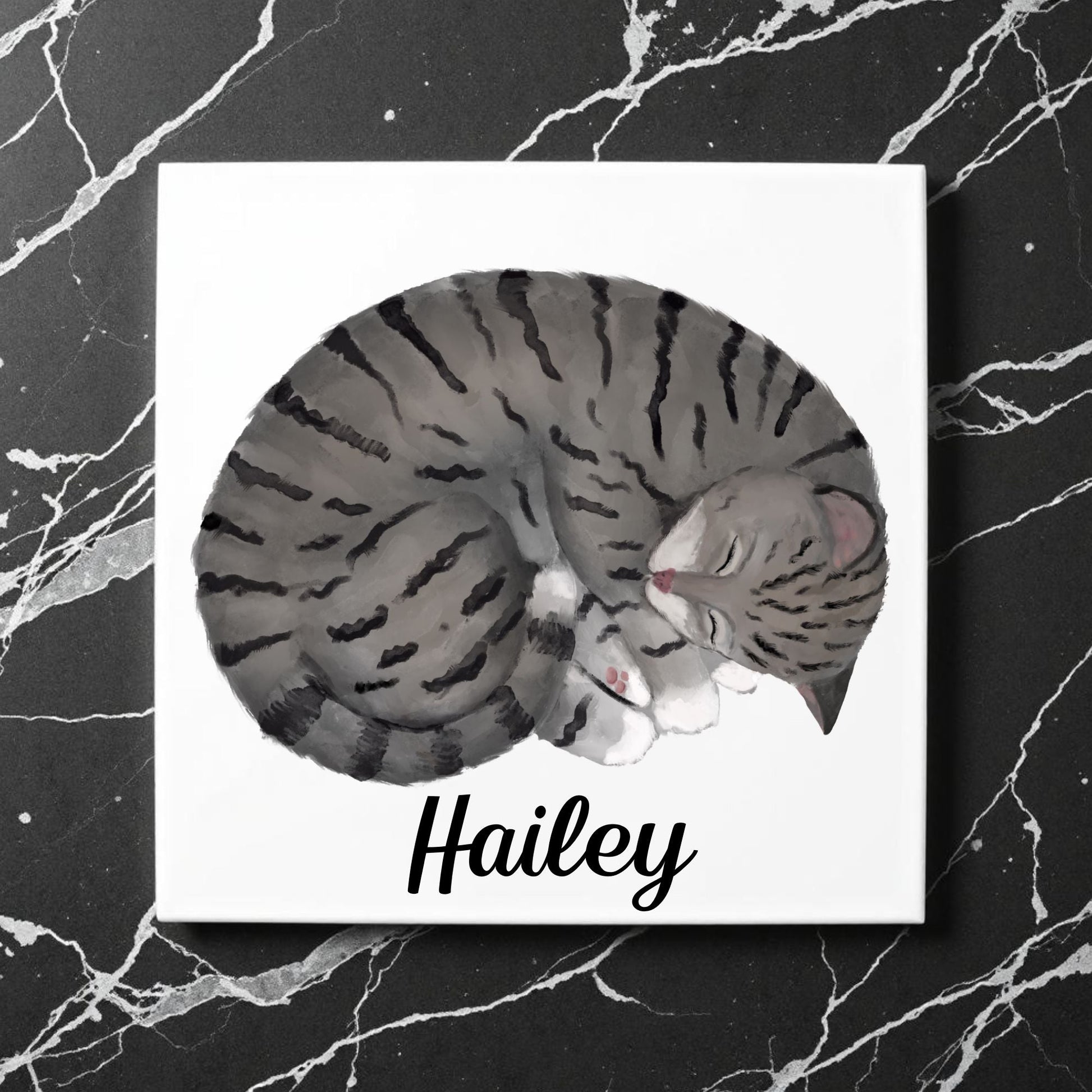 Sleeping Gray Tabby Cat Ceramic Tile - MerikaArt