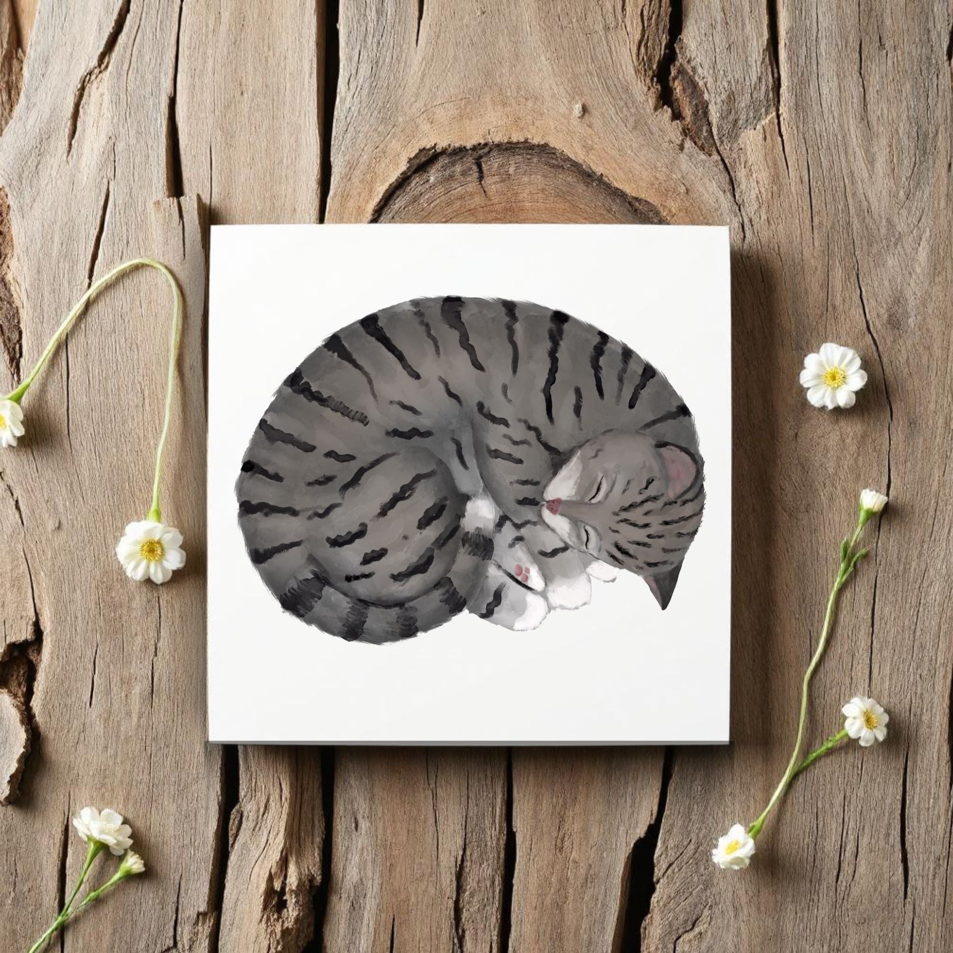 Sleeping Gray Tabby Cat Ceramic Tile - MerikaArt