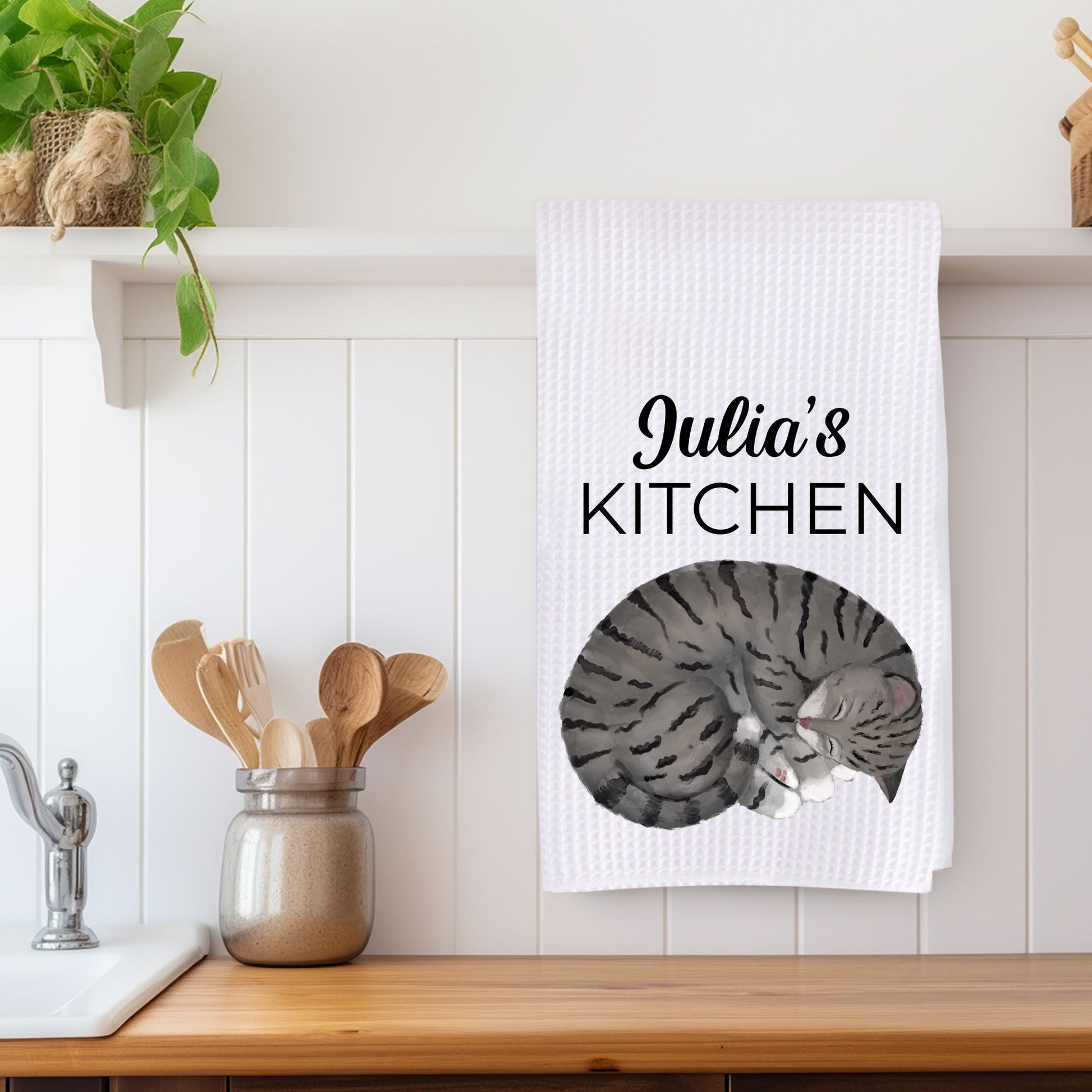 Sleeping Gray Tabby Cat Kitchen Towel - MerikaArt