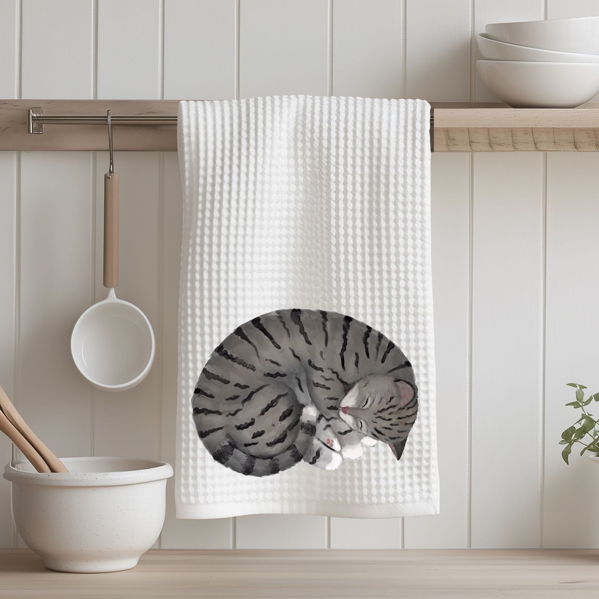 Sleeping Gray Tabby Cat Kitchen Towel - MerikaArt