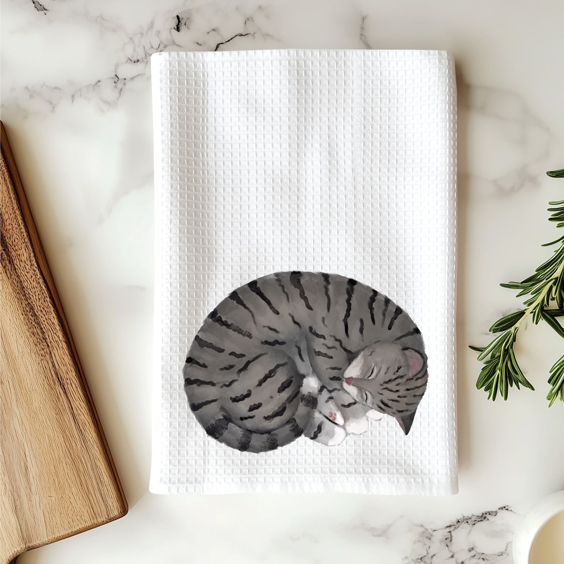 Sleeping Gray Tabby Cat Kitchen Towel - MerikaArt