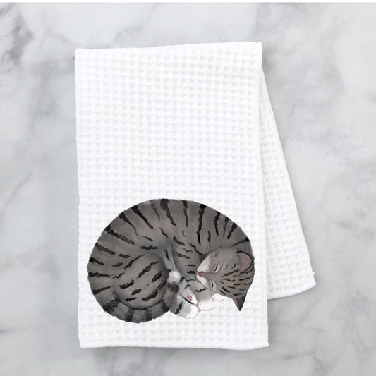 Sleeping Gray Tabby Cat Kitchen Towel - MerikaArt