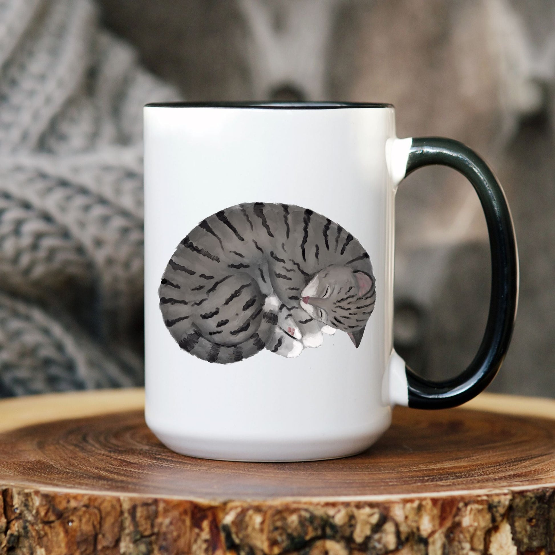 Sleeping Gray Tabby Cat Mug - MerikaArt