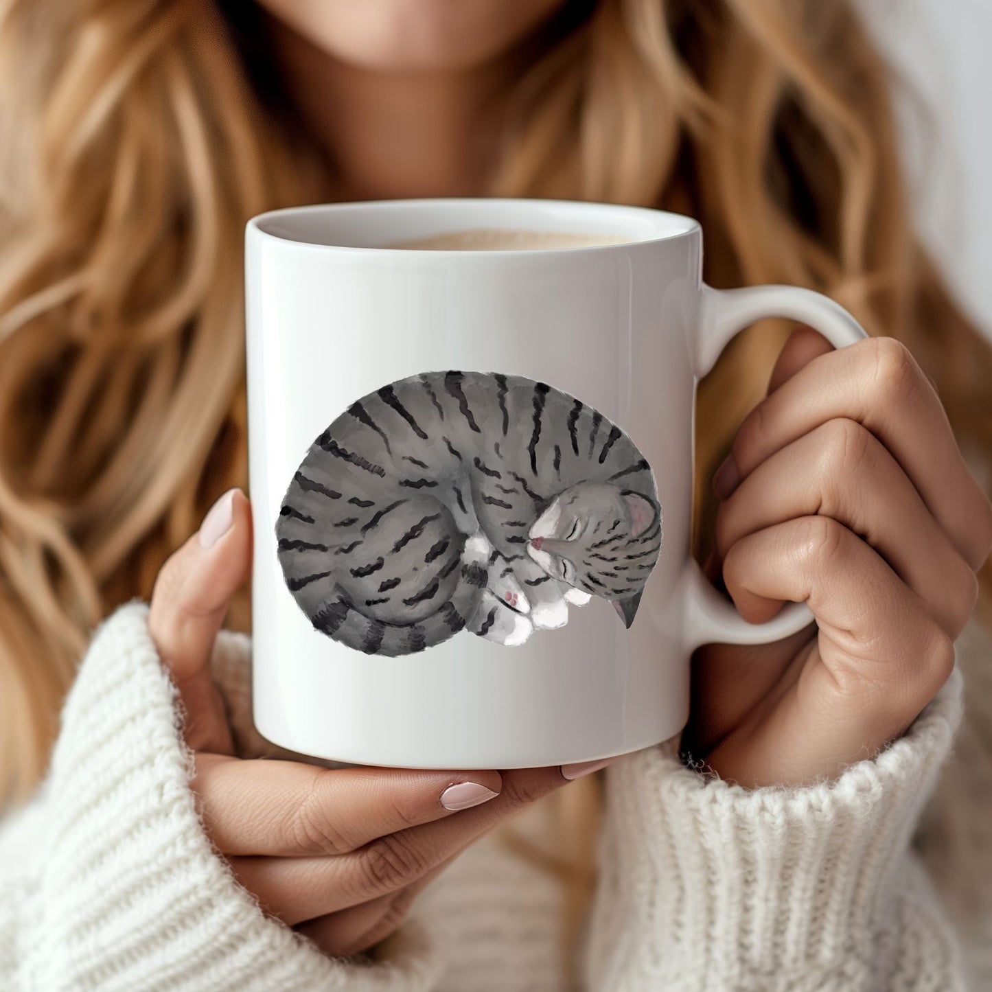 Sleeping Gray Tabby Cat Mug - MerikaArt