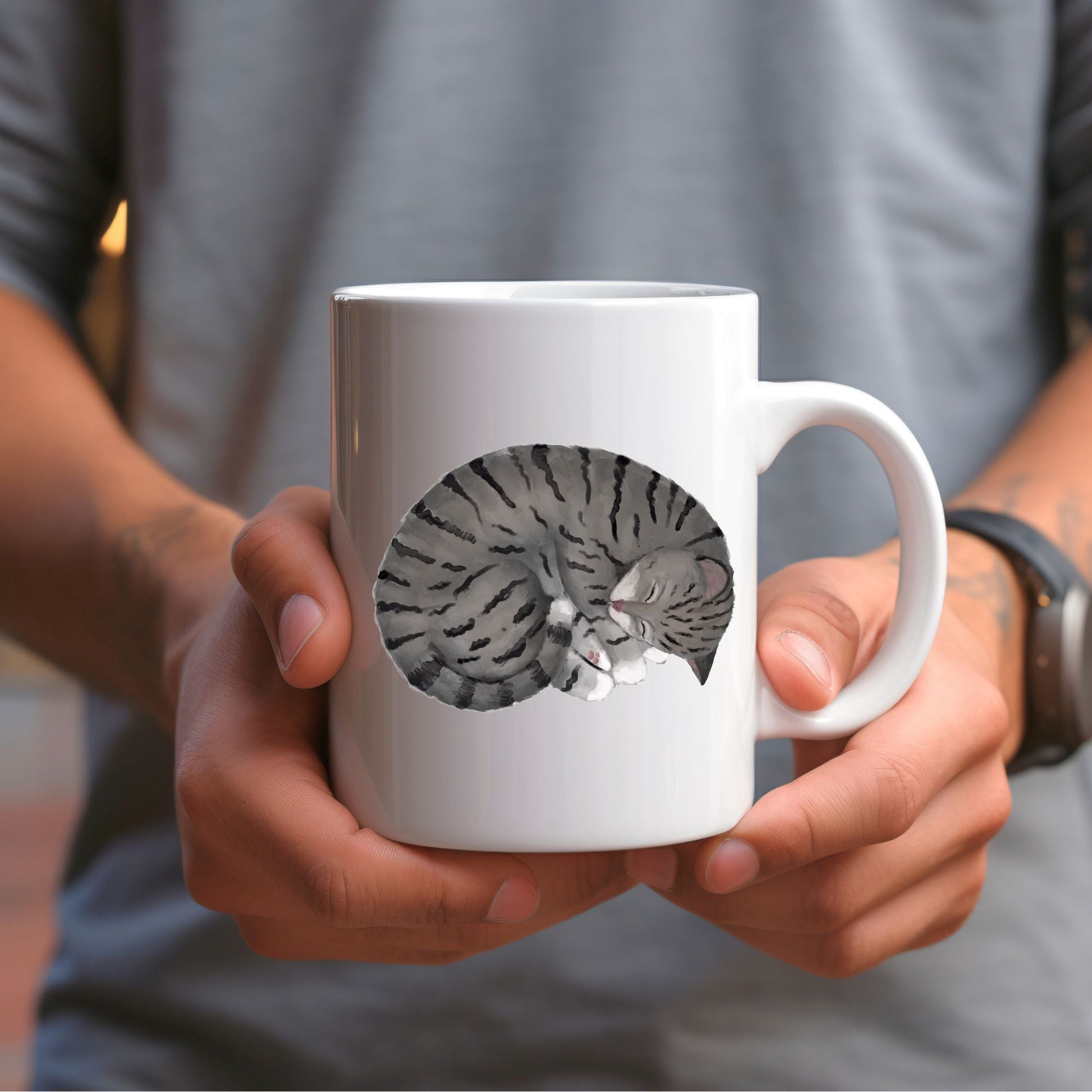 Sleeping Gray Tabby Cat Mug - MerikaArt