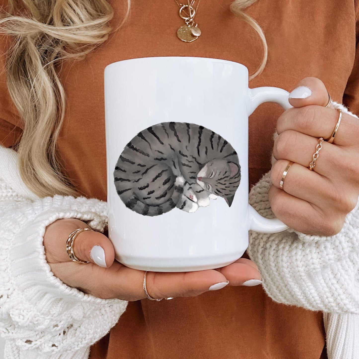 Sleeping Gray Tabby Cat Mug - MerikaArt