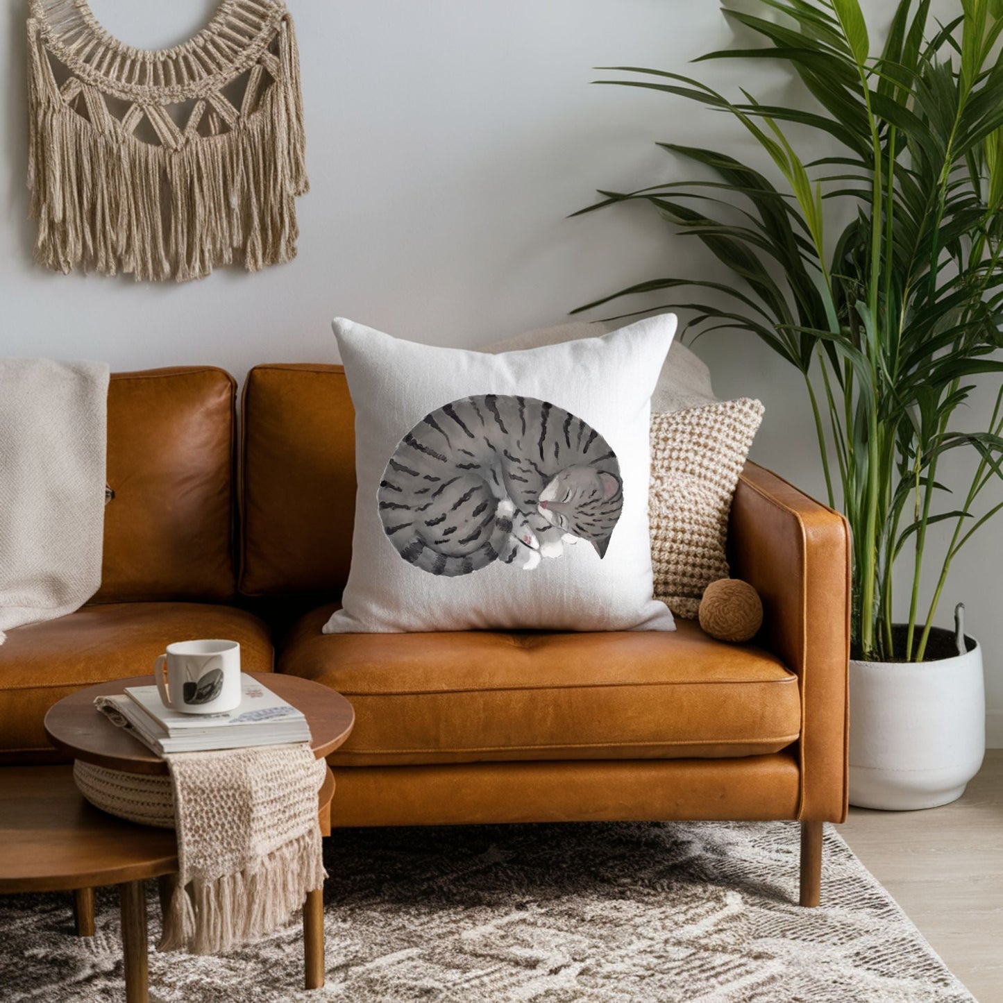 Sleeping Gray Tabby Cat Pillow - MerikaArt