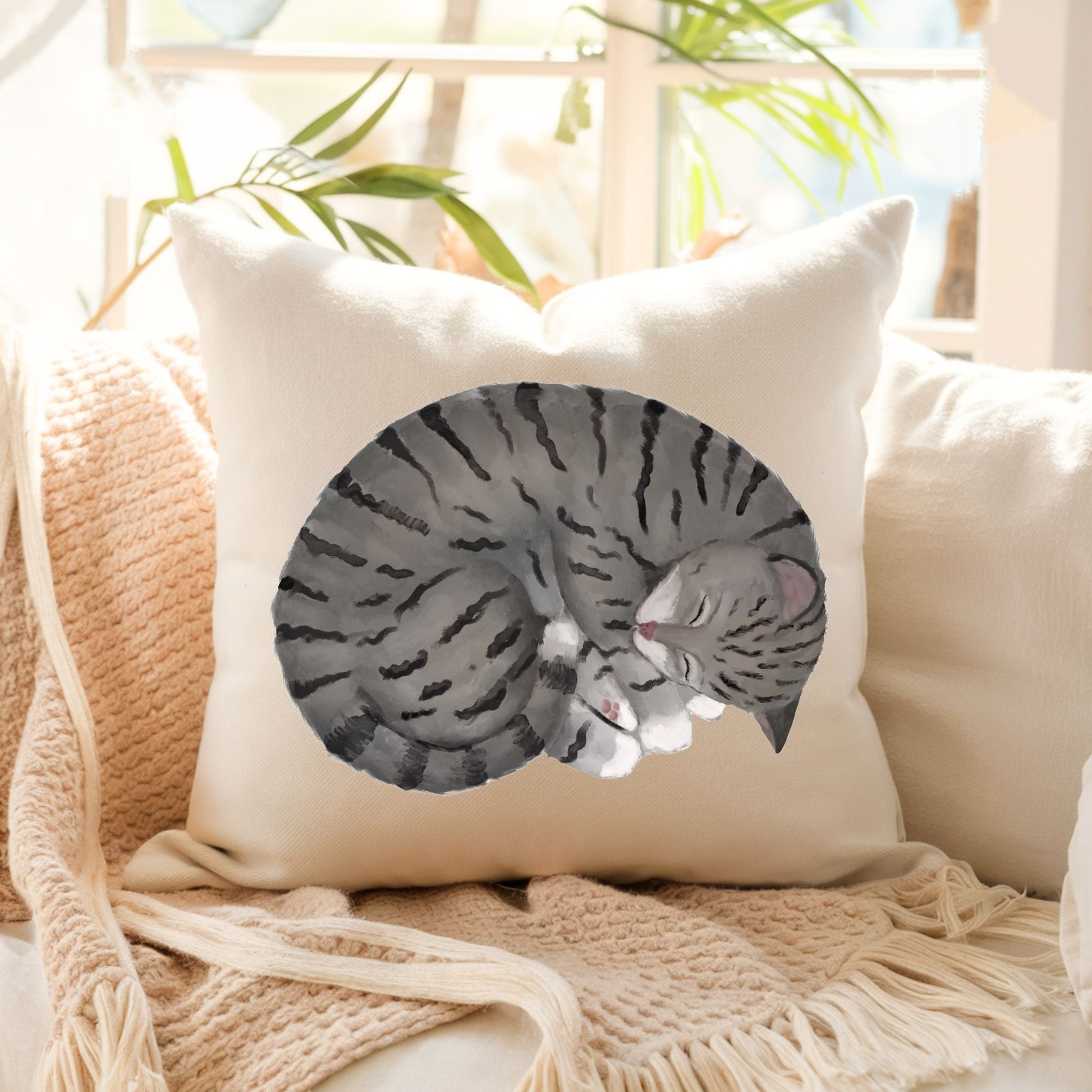 Sleeping Gray Tabby Cat Pillow - MerikaArt