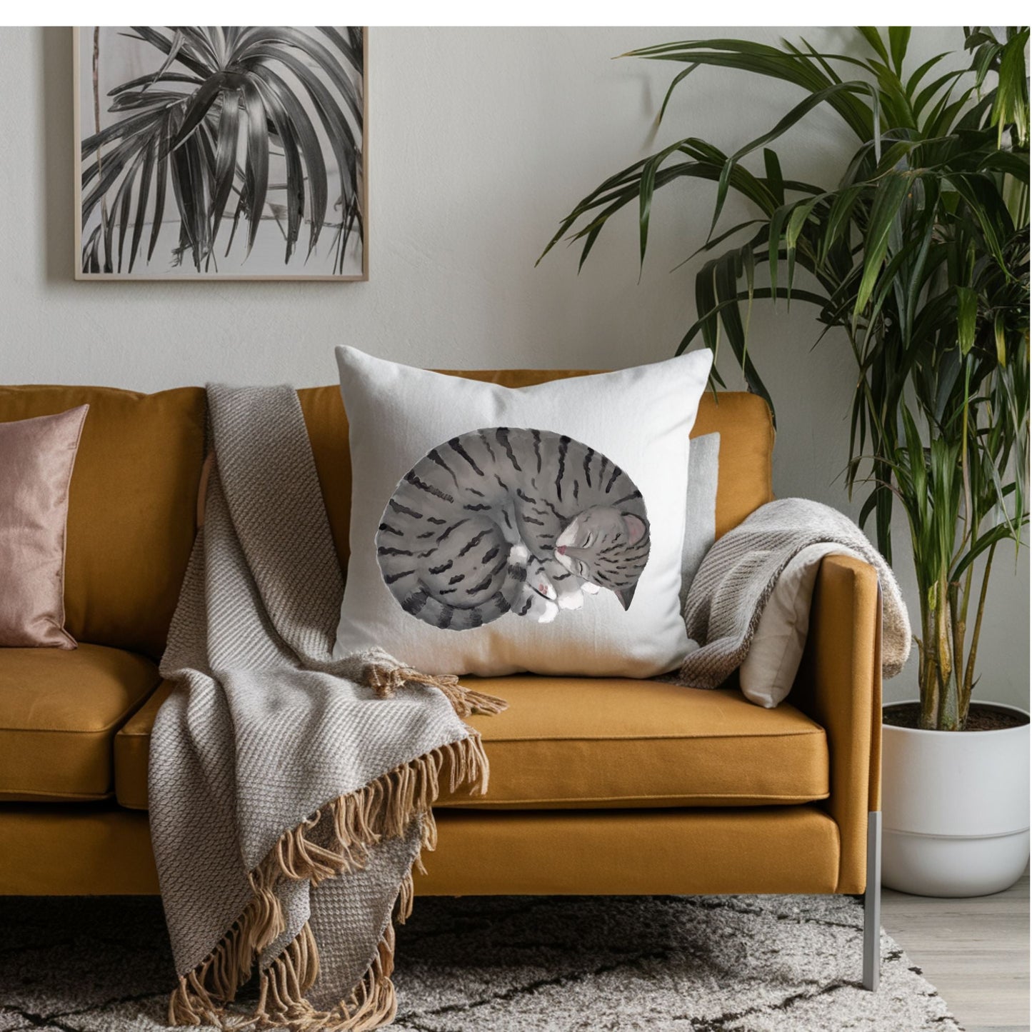 Sleeping Gray Tabby Cat Pillow - MerikaArt