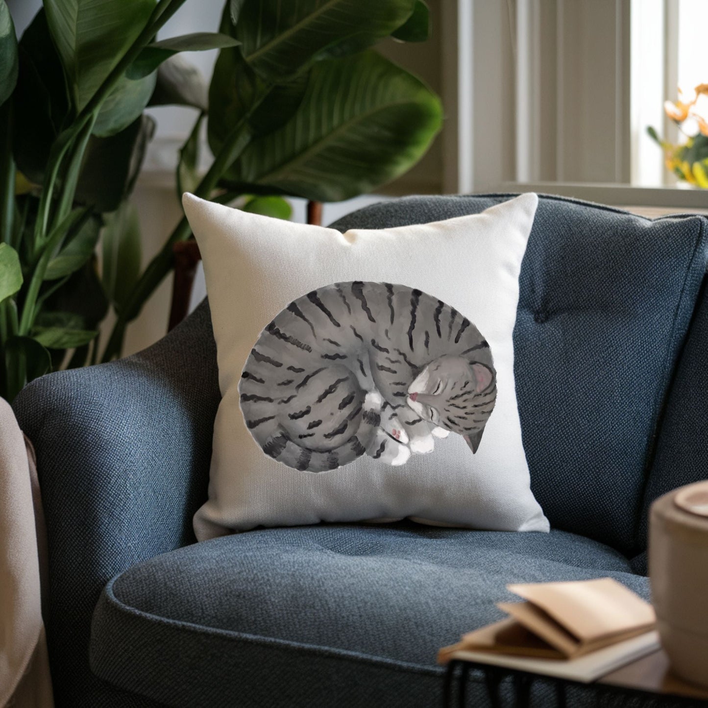 Sleeping Gray Tabby Cat Pillow - MerikaArt