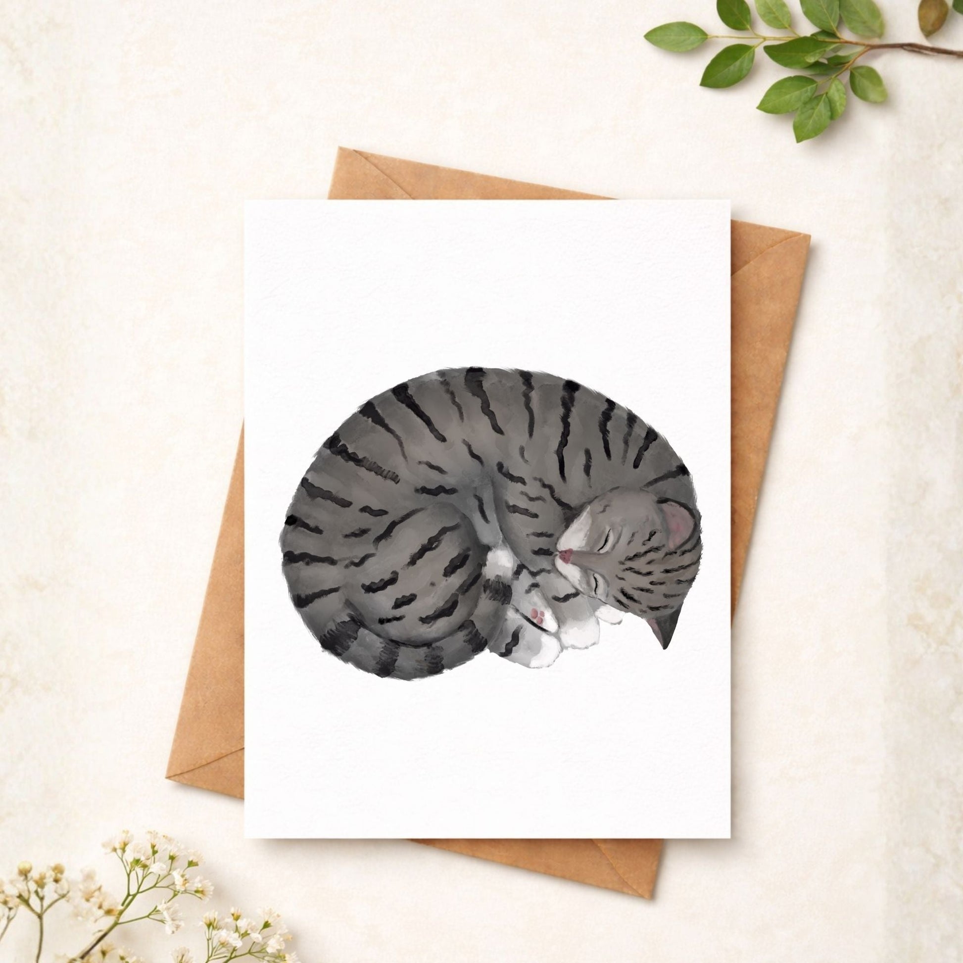 Sleeping Gray Tabby Cat Postcard - MerikaArt
