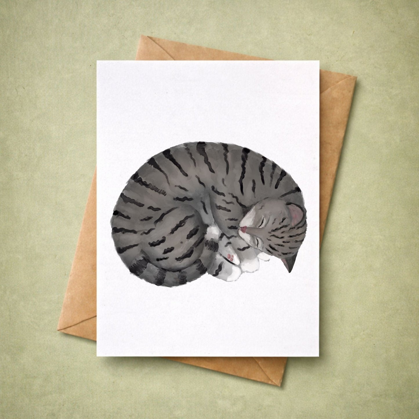 Sleeping Gray Tabby Cat Postcard - MerikaArt