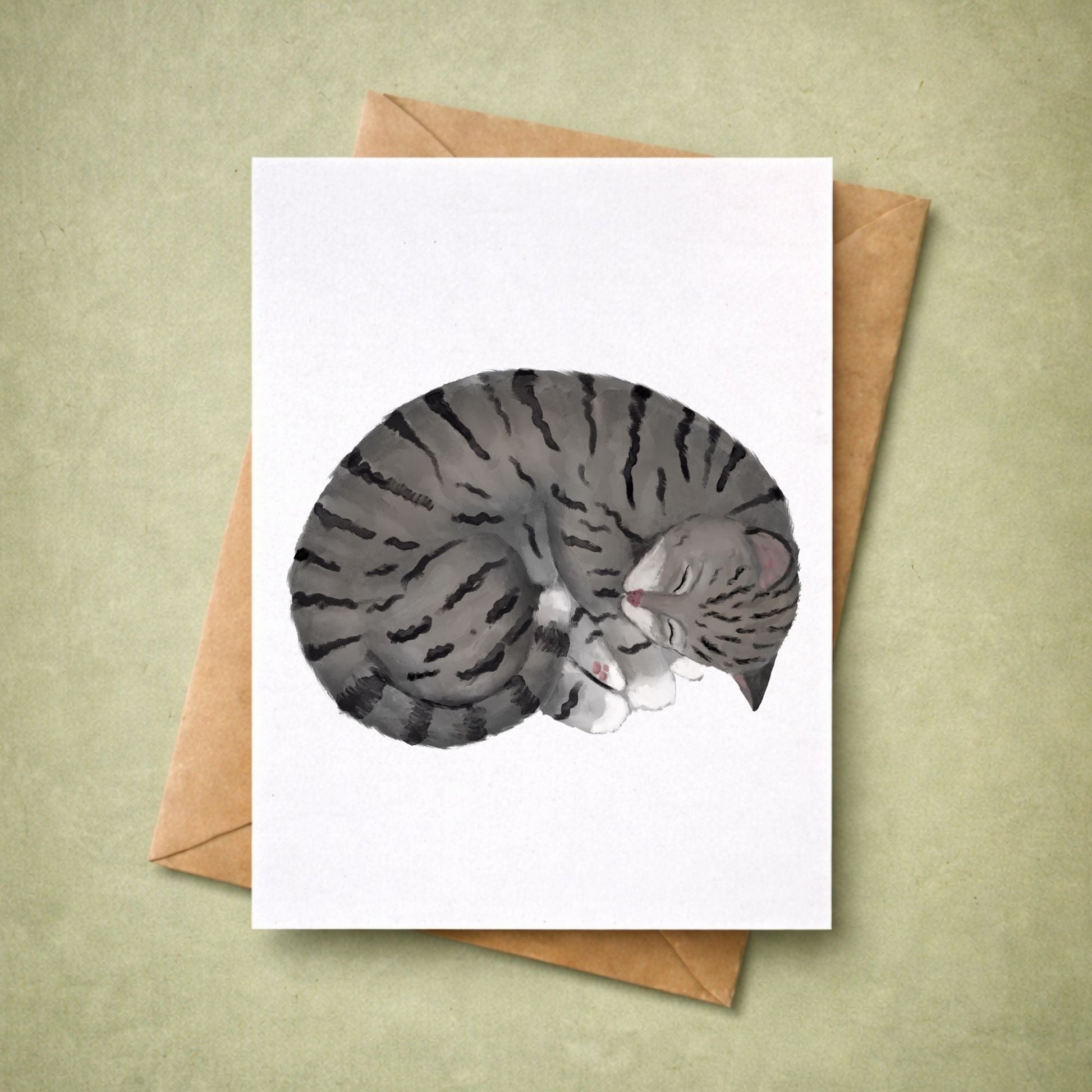 Sleeping Gray Tabby Cat Postcard - MerikaArt
