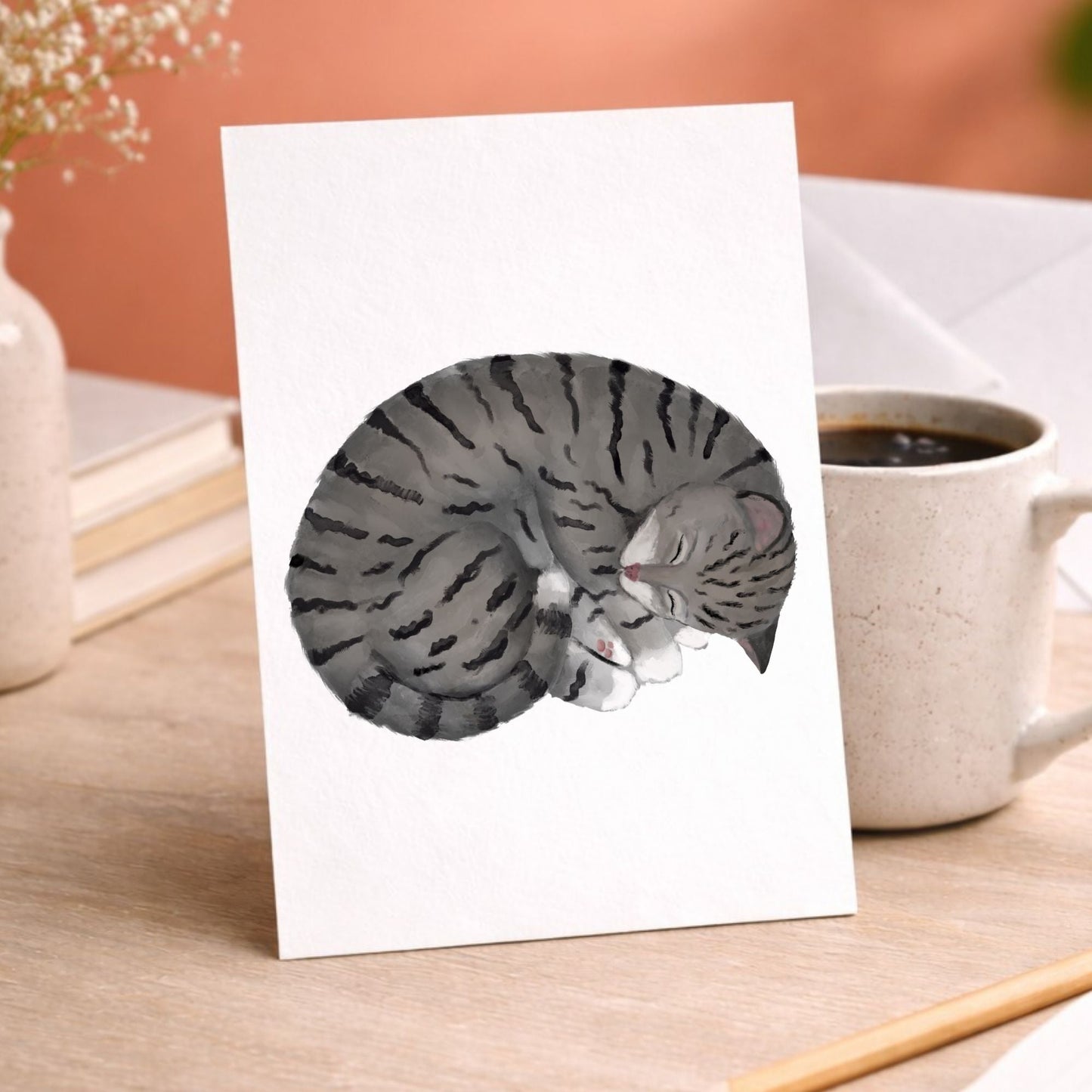 Sleeping Gray Tabby Cat Postcard - MerikaArt