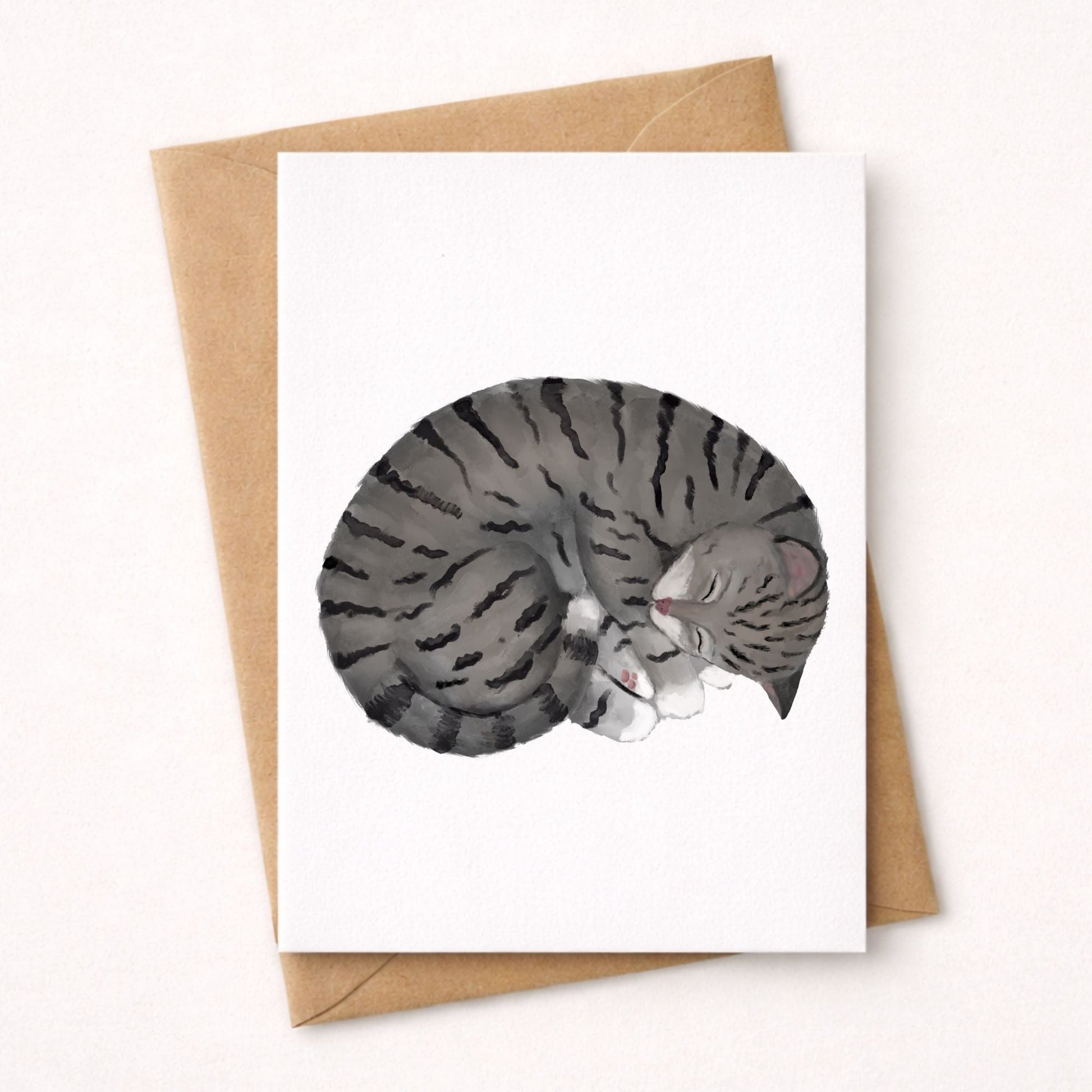 Sleeping Gray Tabby Cat Postcard - MerikaArt