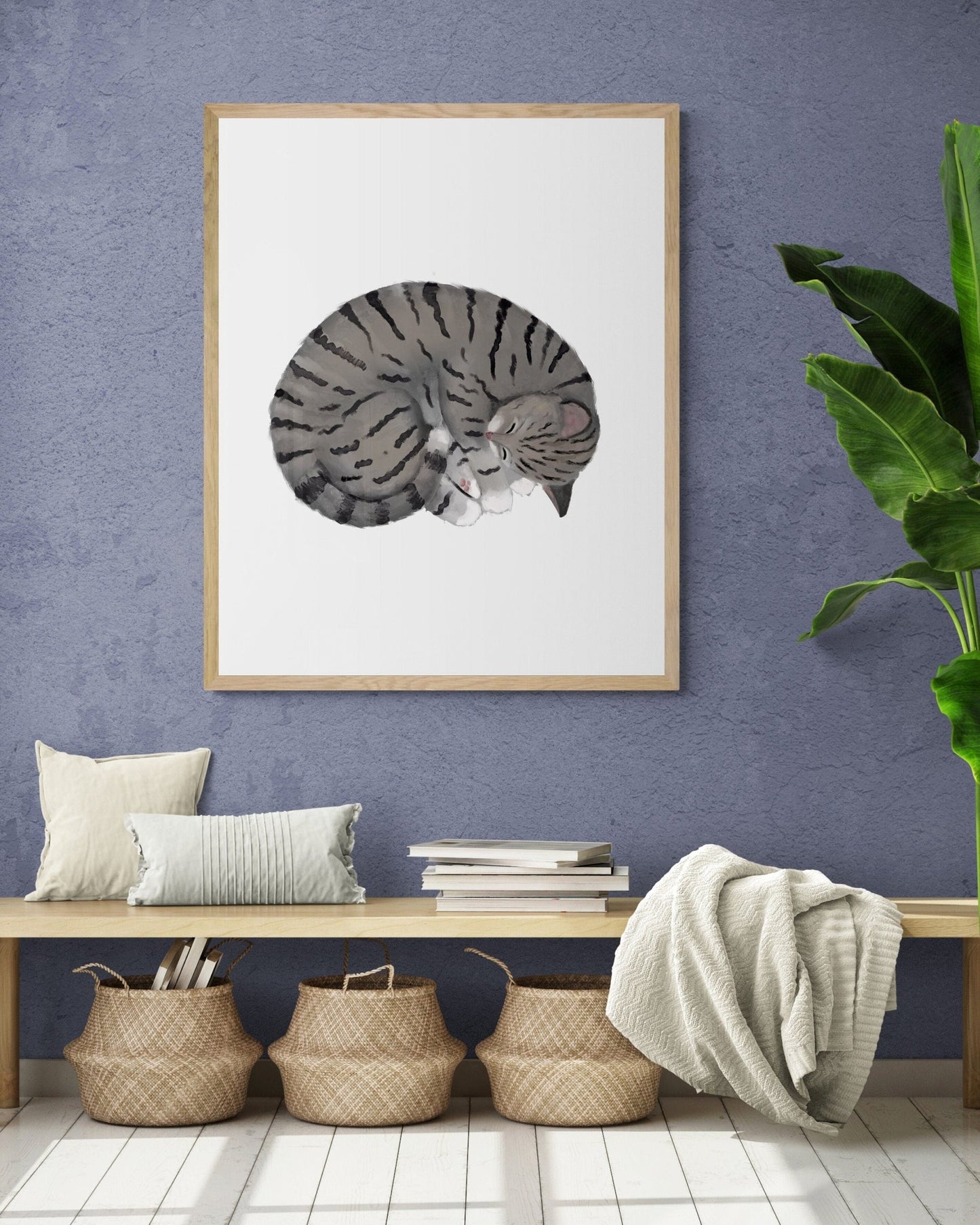 Sleeping Gray Tabby Cat Print - MerikaArt