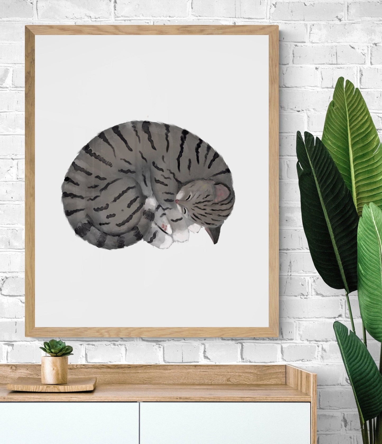 Sleeping Gray Tabby Cat Print - MerikaArt