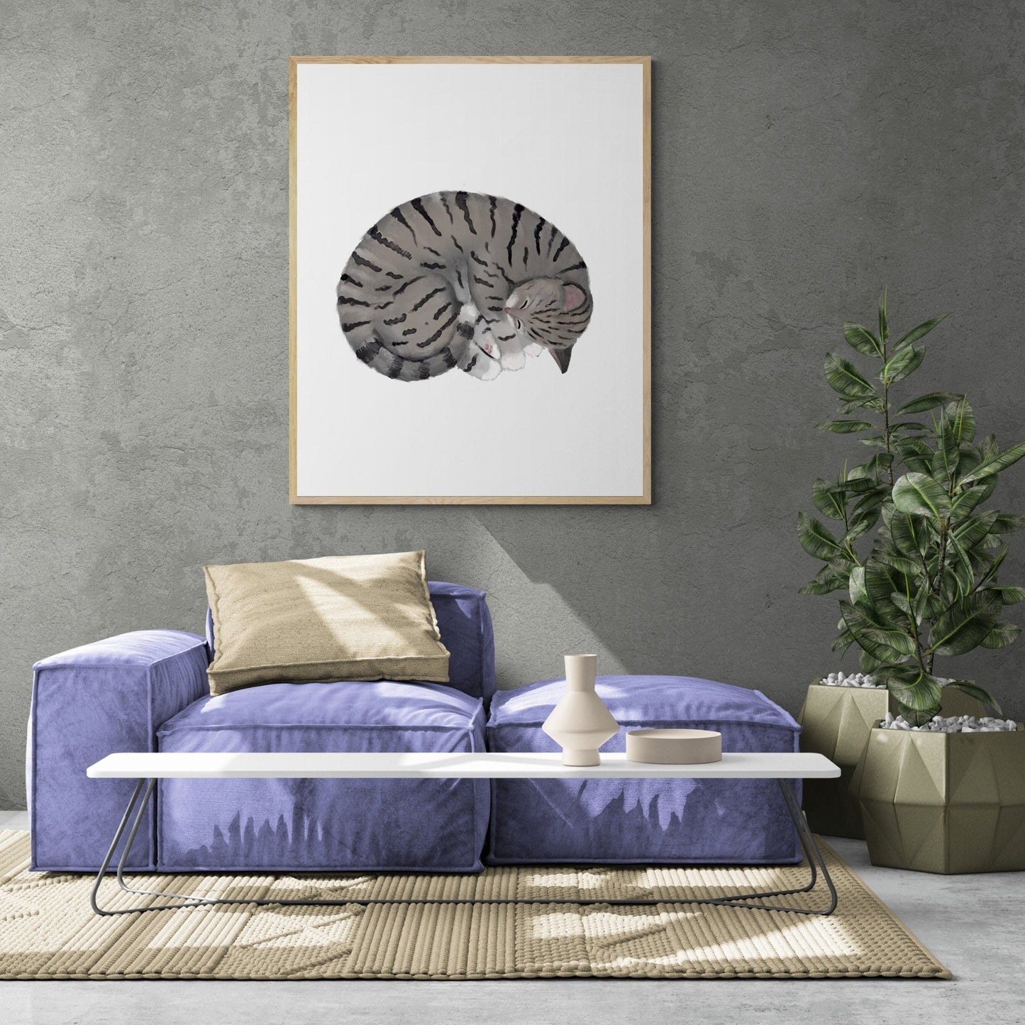 Sleeping Gray Tabby Cat Print - MerikaArt