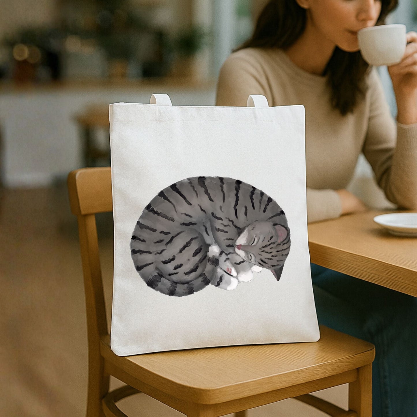 Sleeping Gray Tabby Cat Tote Bag - MerikaArt
