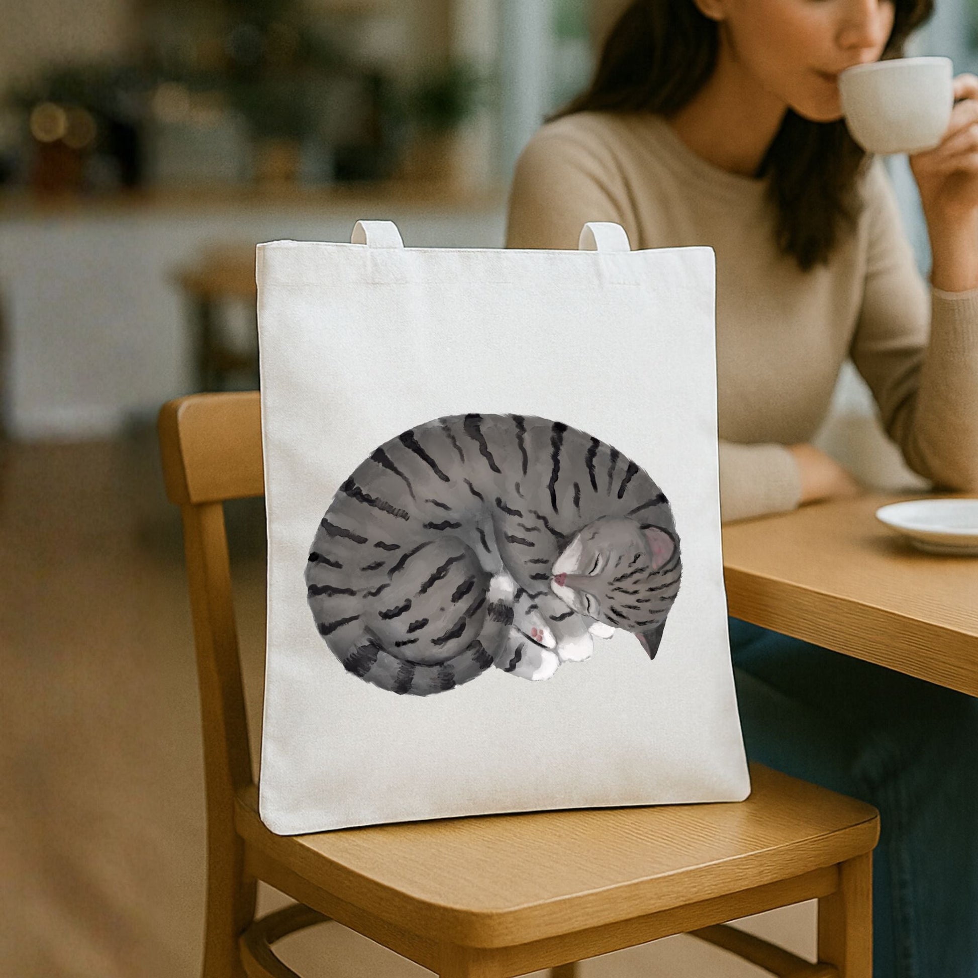 Sleeping Gray Tabby Cat Tote Bag - MerikaArt