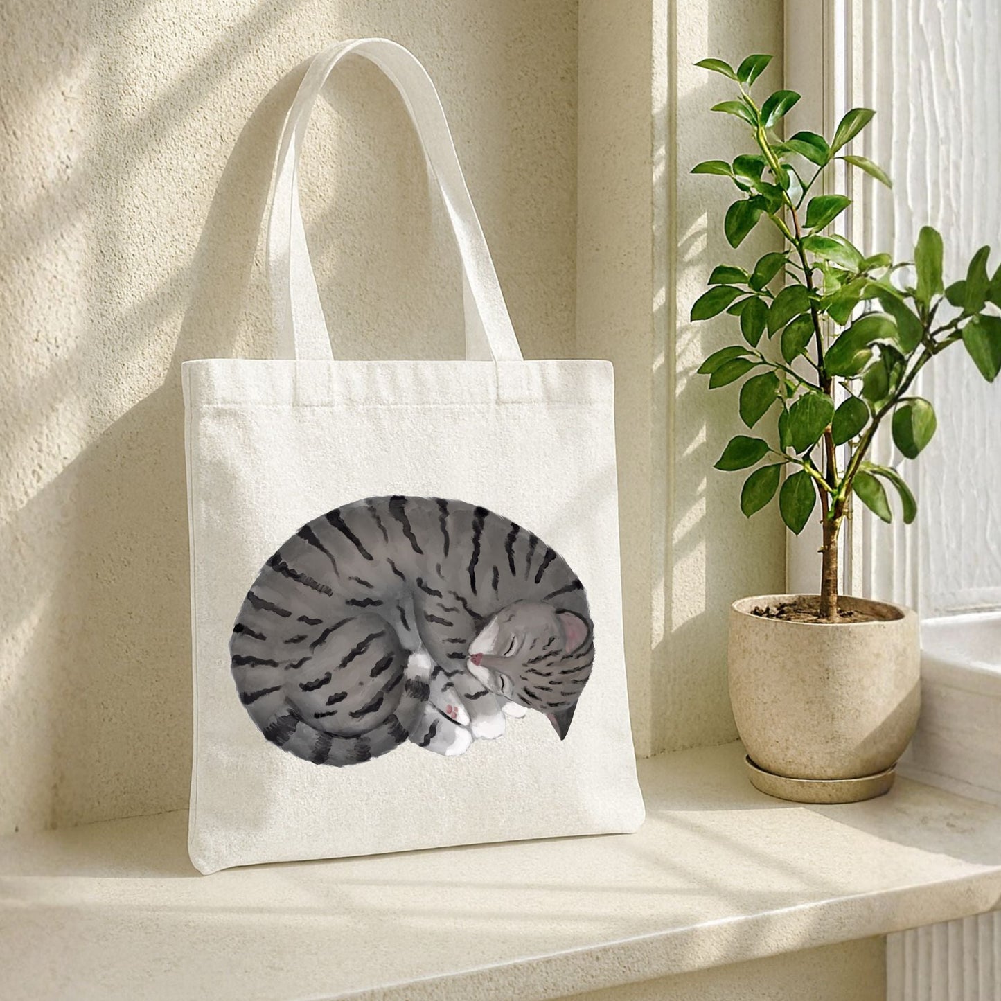 Sleeping Gray Tabby Cat Tote Bag - MerikaArt