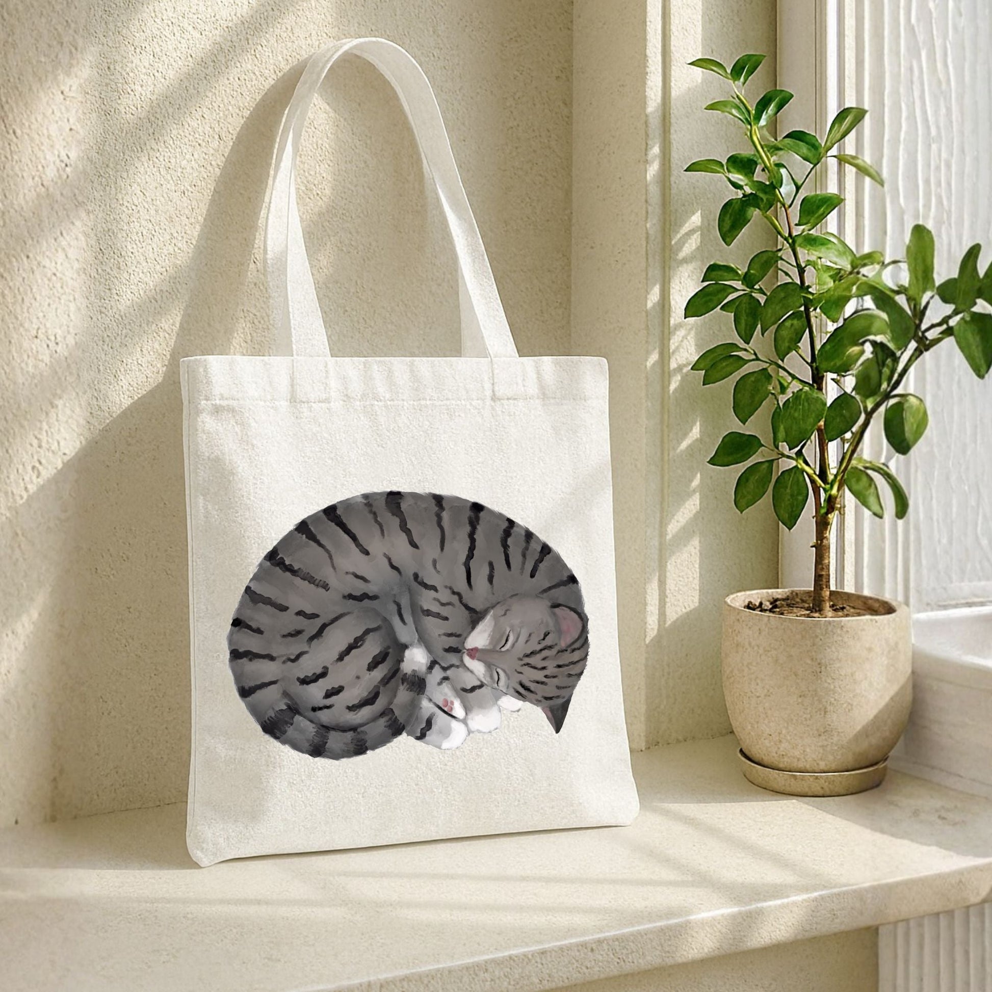 Sleeping Gray Tabby Cat Tote Bag - MerikaArt