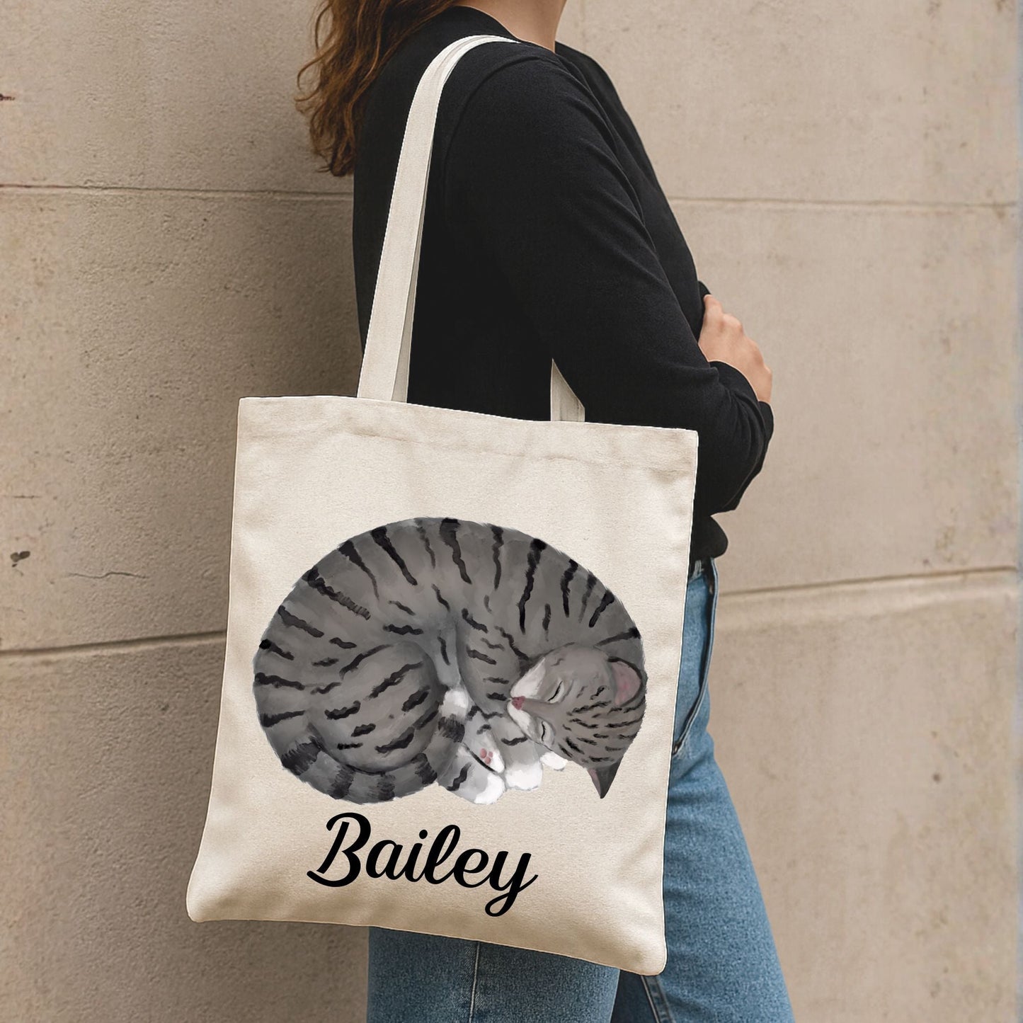 Sleeping Gray Tabby Cat Tote Bag - MerikaArt