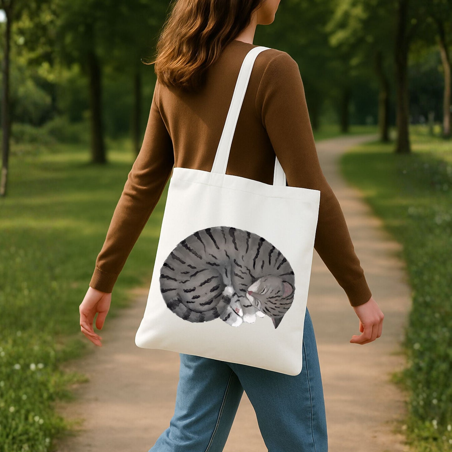 Sleeping Gray Tabby Cat Tote Bag - MerikaArt