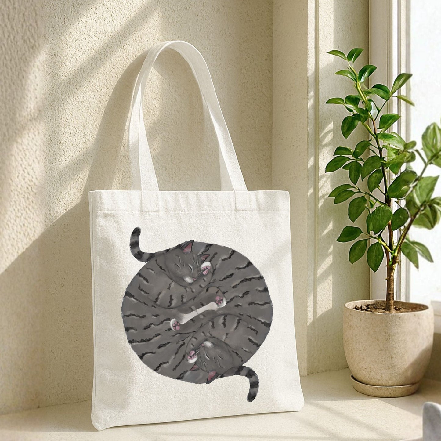 Sleeping Gray Tabby Cats Canvas Tote Bag - MerikaArt