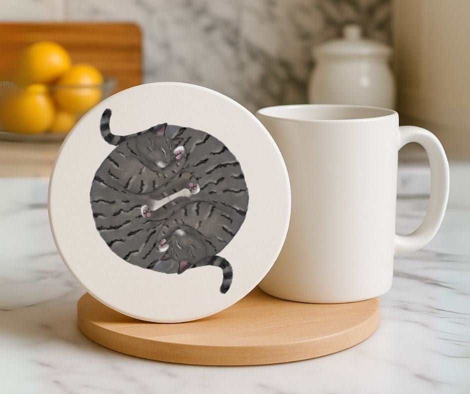 Sleeping Gray Tabby Cats Personalized Ceramic Coaster - MerikaArt
