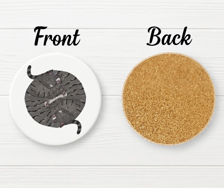 Sleeping Gray Tabby Cats Personalized Ceramic Coaster - MerikaArt