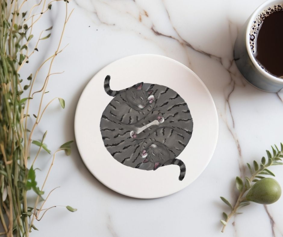 Sleeping Gray Tabby Cats Personalized Ceramic Coaster - MerikaArt