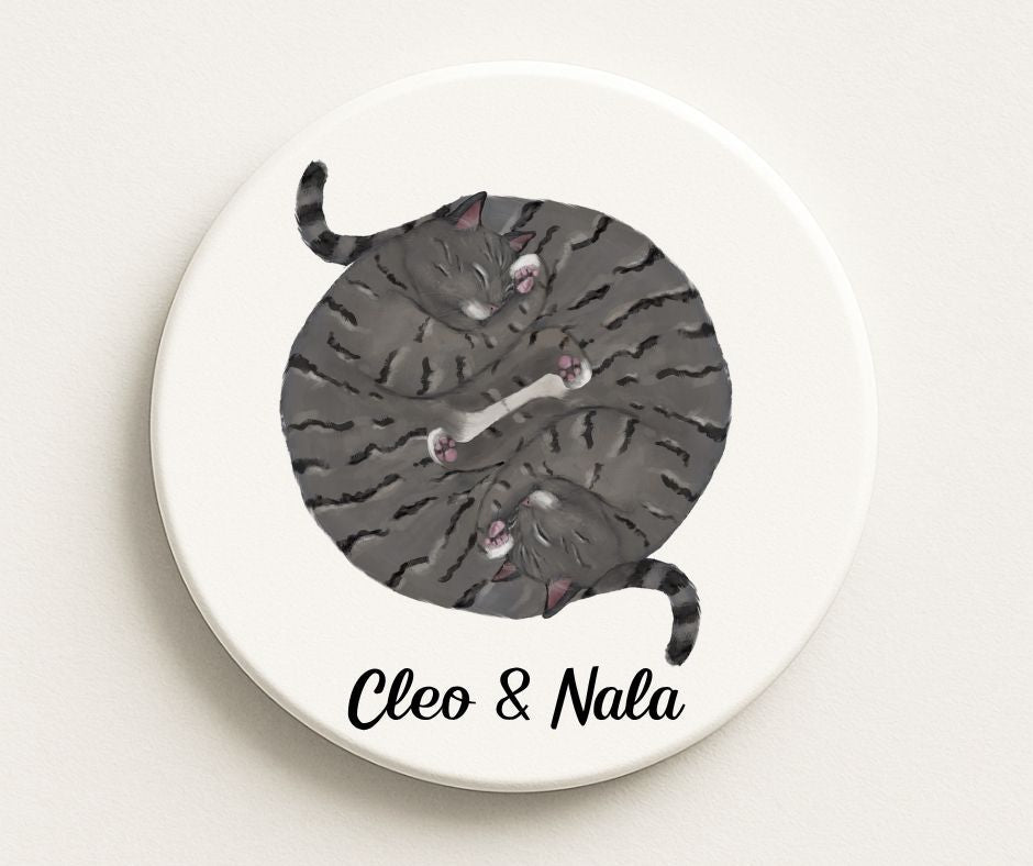 Sleeping Gray Tabby Cats Personalized Ceramic Coaster - MerikaArt