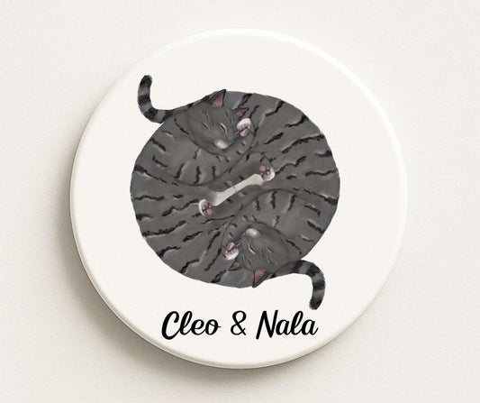 Sleeping Gray Tabby Cats Personalized Ceramic Coaster - MerikaArt