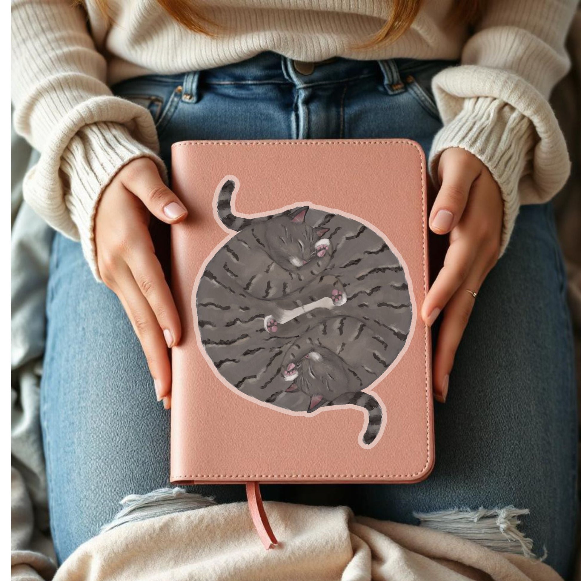 Sleeping Gray Tabby Cats Vinyl Sticker - MerikaArt