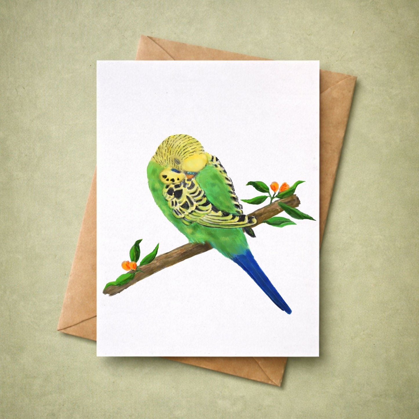 Sleeping Green Budgie Postcard - MerikaArt