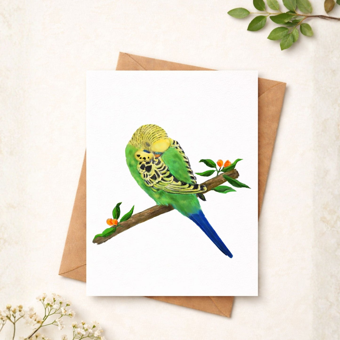 Sleeping Green Budgie Postcard - MerikaArt