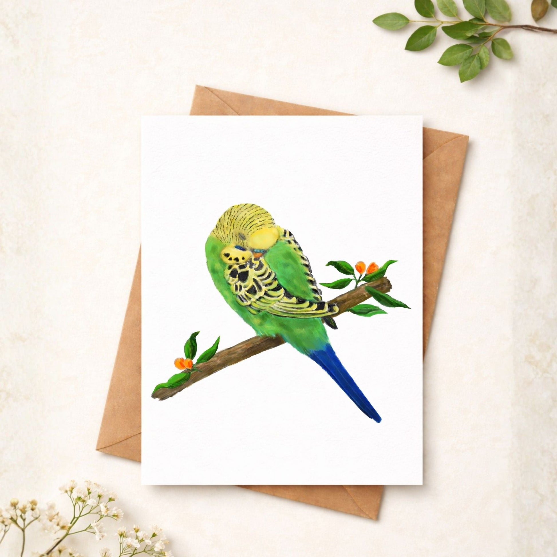 Sleeping Green Budgie Postcard - MerikaArt