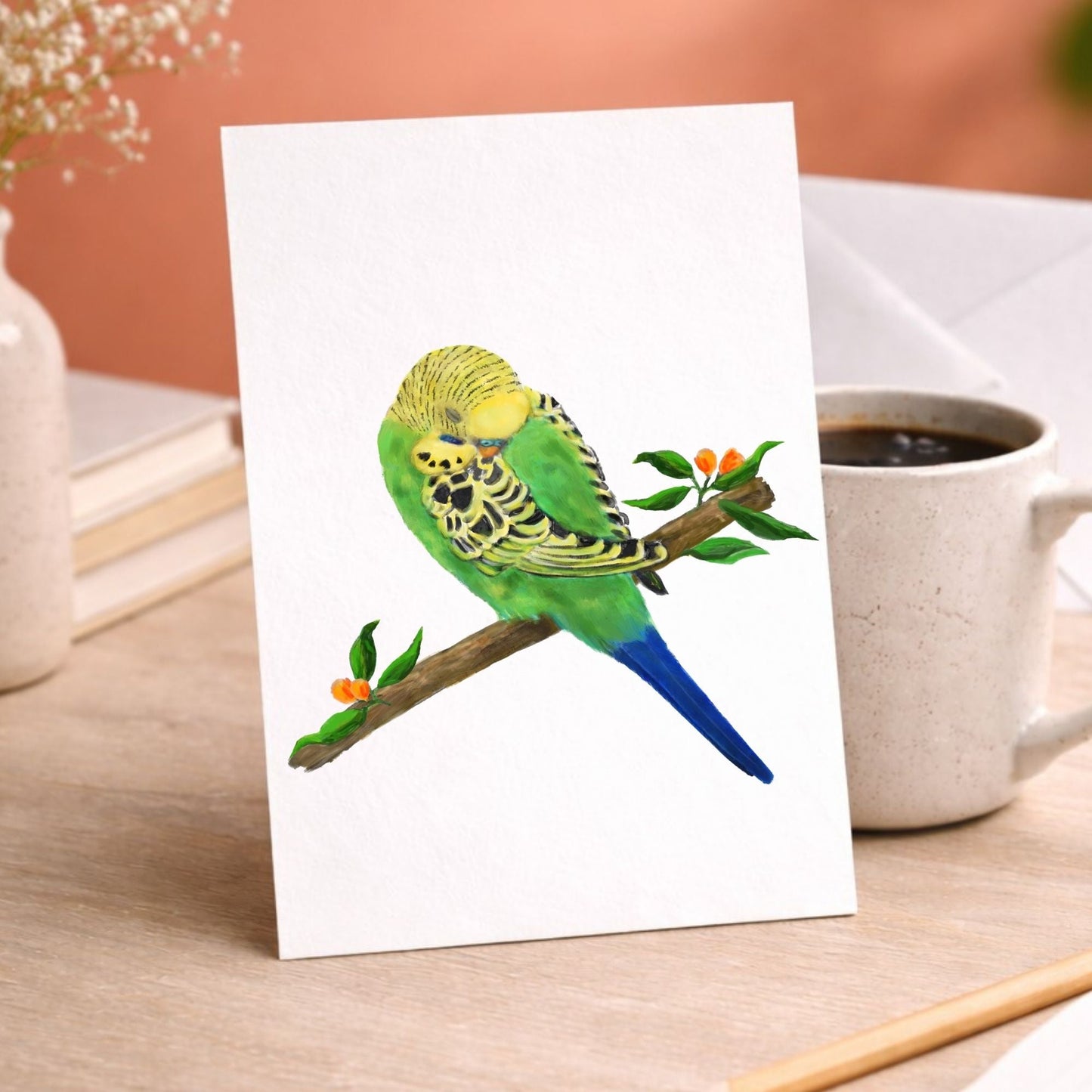 Sleeping Green Budgie Postcard - MerikaArt