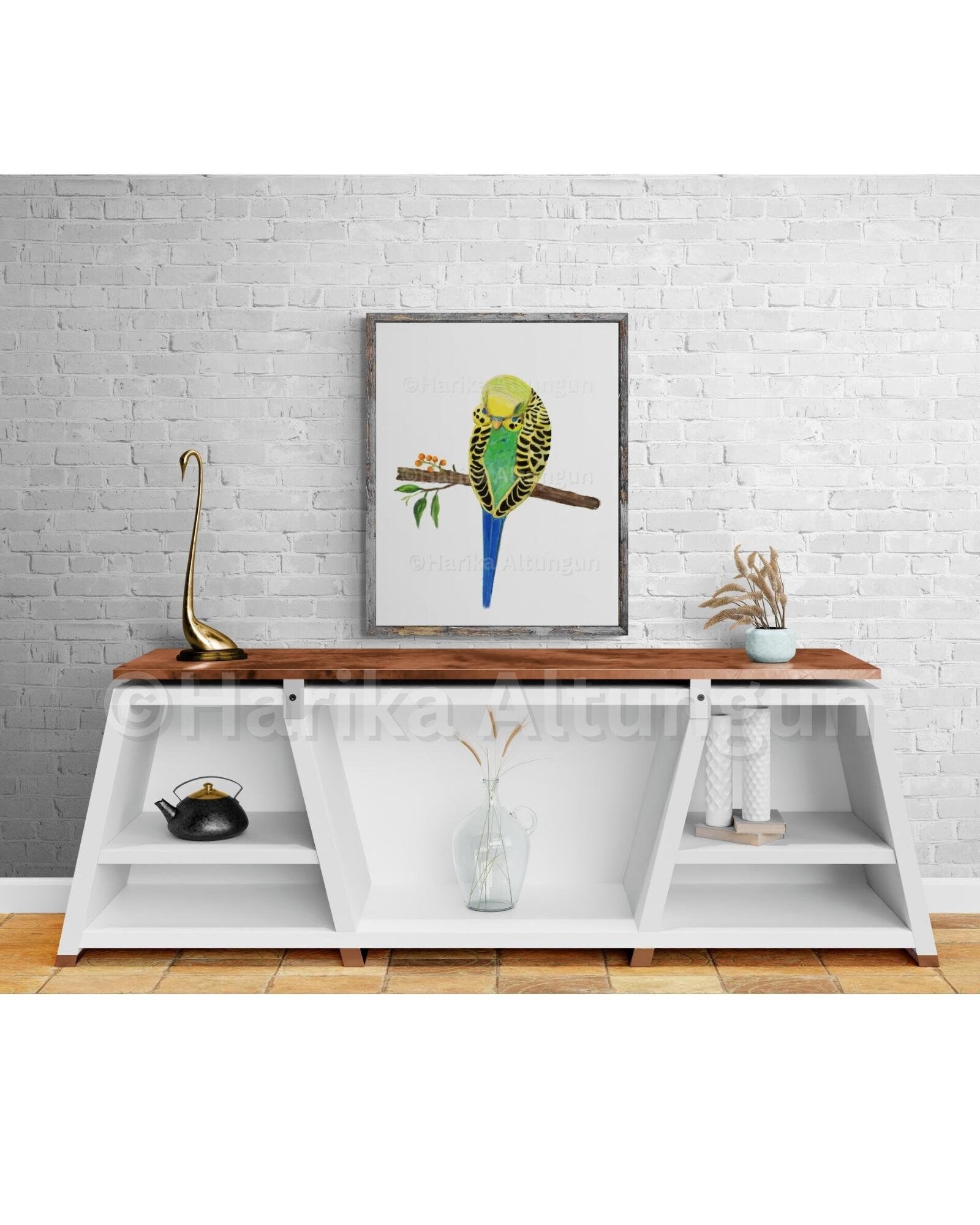 Sleeping Green Parakeet, Green Budgie Resting, Bird Memorial, Tropical Bird Art, Bird Lover Gift, Animal Wall Artwork, Bird Illustration - MerikaArt