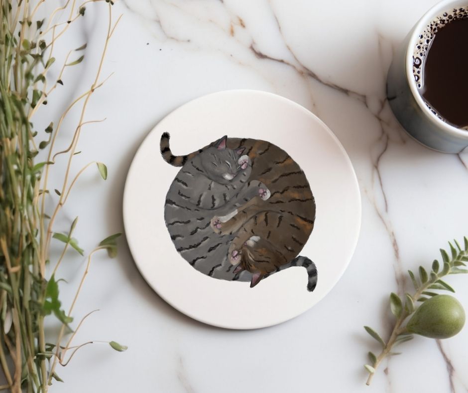 Sleeping Grey and Brown Tabby Cats Ceramic Coaster - MerikaArt
