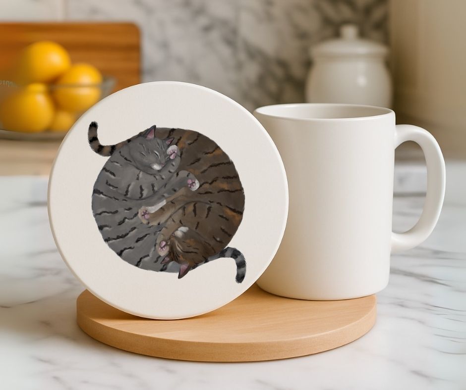 Sleeping Grey and Brown Tabby Cats Ceramic Coaster - MerikaArt