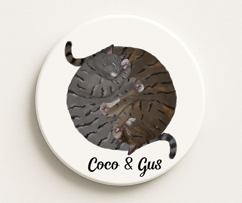 Sleeping Grey and Brown Tabby Cats Ceramic Coaster - MerikaArt