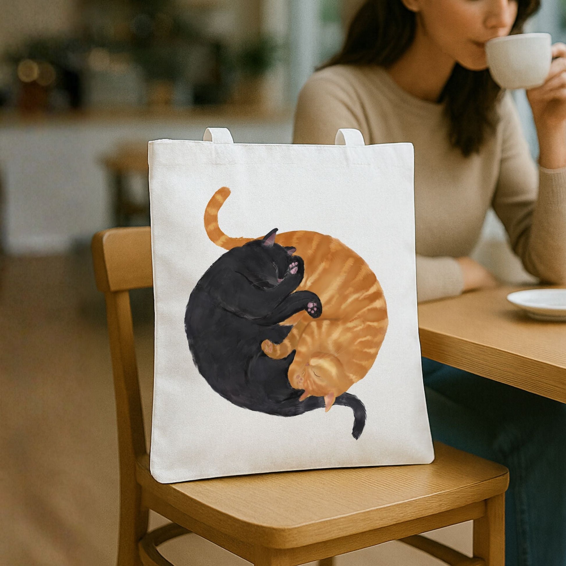 Sleeping Orange and Black Cats Canvas Tote Bag - MerikaArt